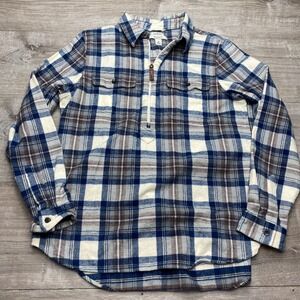 LL Bean Flannel Shirt Womens Medium Blue Plaid Cotton 1/4 Zip Relaxed Fit 517557